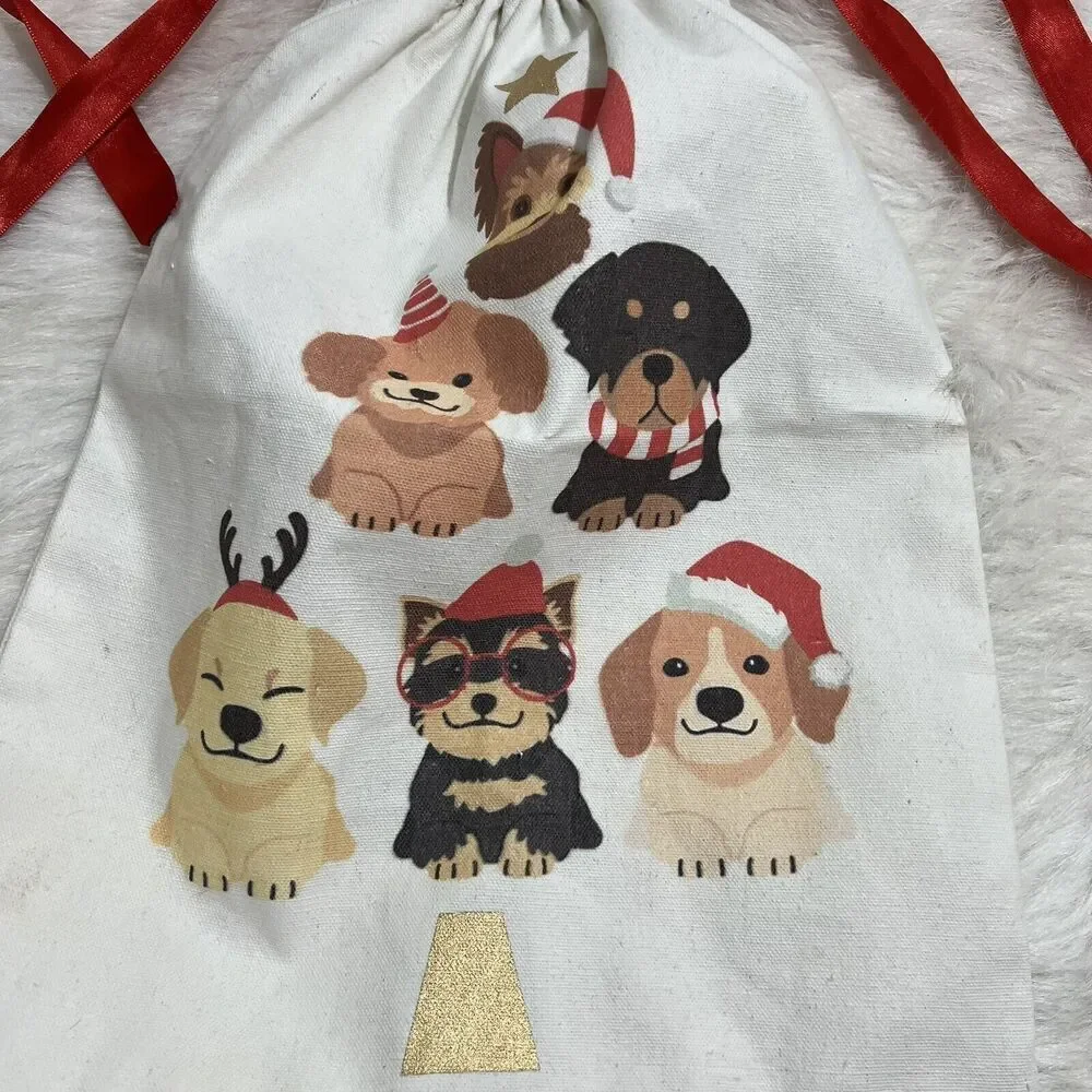 Woven Drawstring Holiday Puppy Dogs Christmas Gift‎ Bag 12
